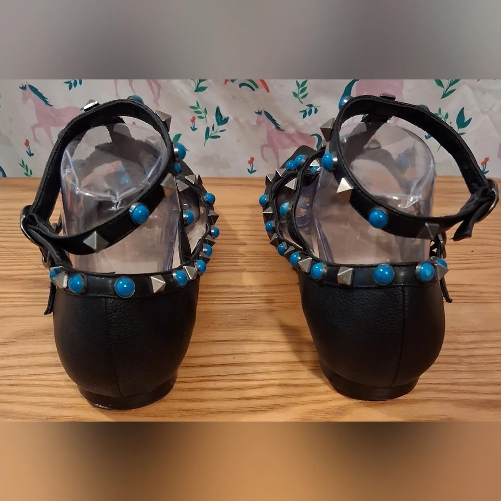 EUC Valentino Garavani Rockstud Rolling Turquoise Stud Espadrille Flat SZ 8.5 39